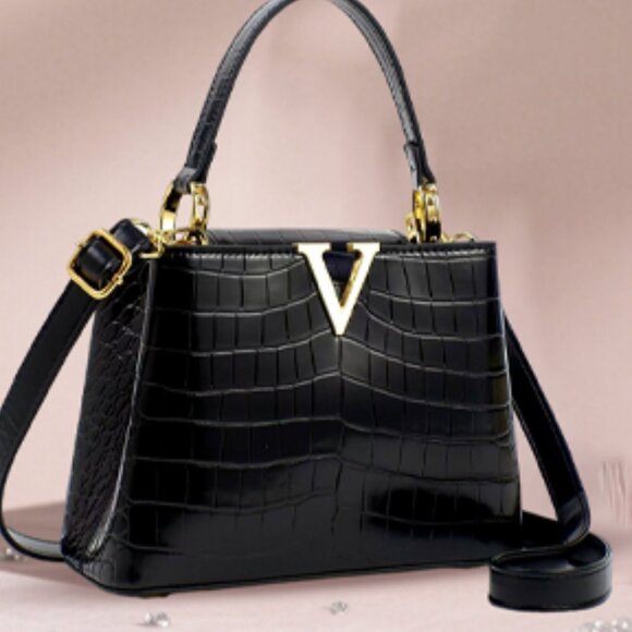 Neiman Marcus Black Croc Embossed Leather V Crossbody Bag - Picture 2 of 2